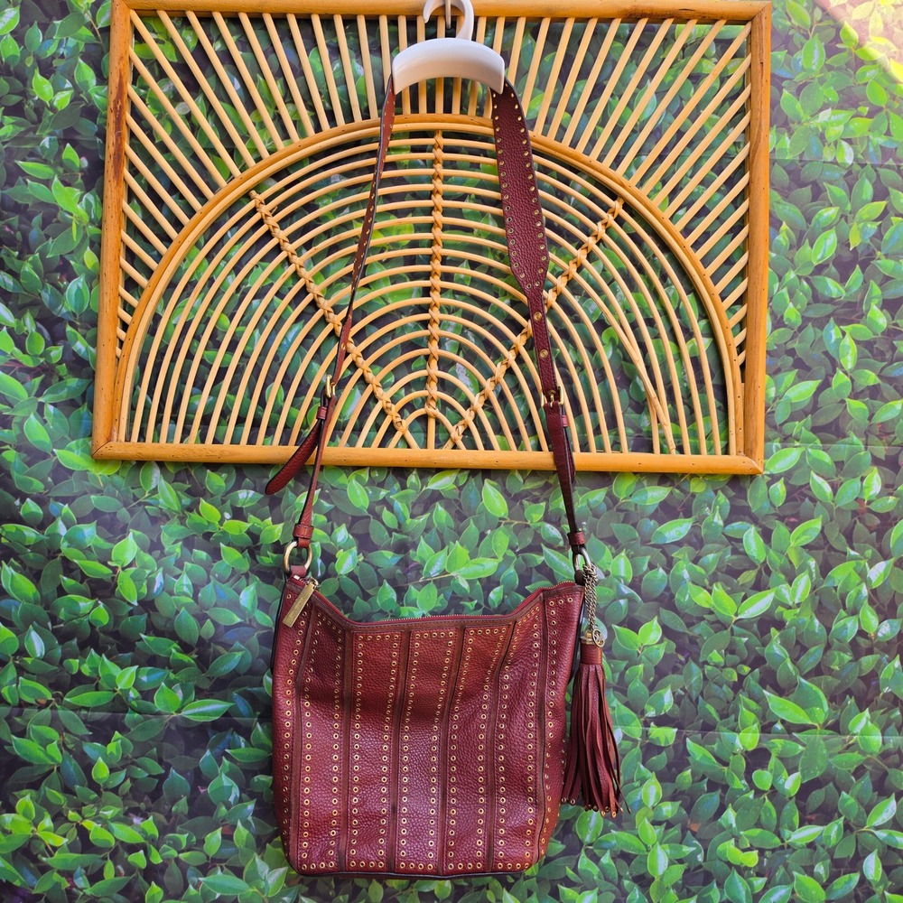 Michael Kors Burgundy Studded Pebbled Leather Tassel Crossbody Bag